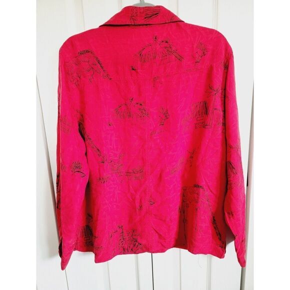 Chico's 2 100% Silk Red Black Long Slv Button-up Large Shirt Stick Figures Print - Picture 2 of 11